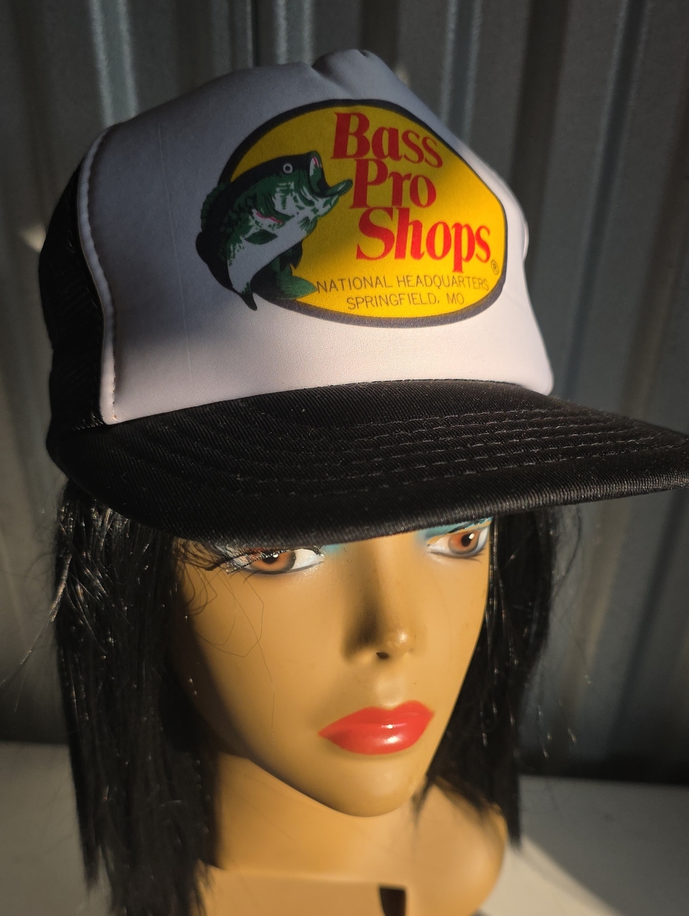 Bass Pro Shops White and Black Trucker Hat with Yellow Oval Fish Logo